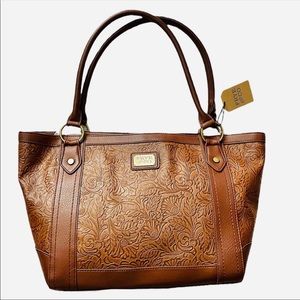 Frye and Co Embossed Shoulder Tote Bag Dark Brown